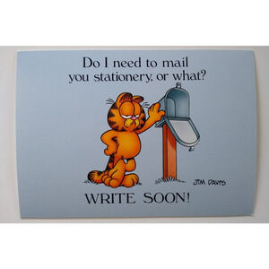 Garfield Cat Postcard Write Soon Mailbox Jim Davis Unused Vintage Continental